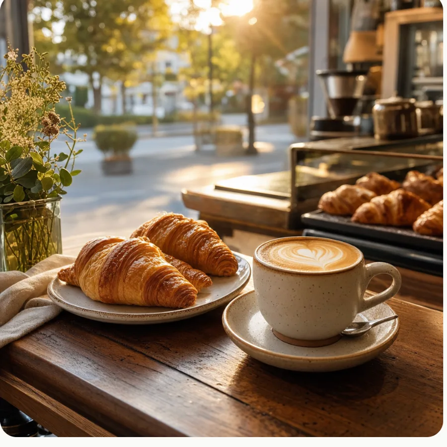 Golden morning light over two croissants and a latte with heart art on a café table — the finished post being sent to every platform