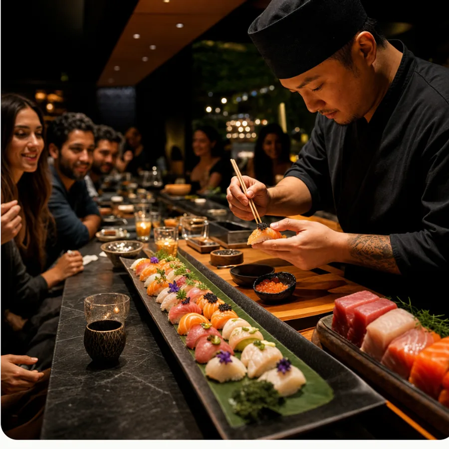A sushi chef plating nigiri at a candlelit sushi bar with diners looking on — the finished post image being sent to every platform